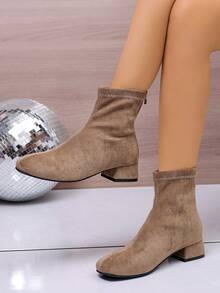 Fall/Winter Fashionable Chunky Heel Round Toe Back Zipper Design Faux Suede Material Khaki Women Ankle Boots, Elegant Stretchy High Heel Short Boots - Khaki - View 3