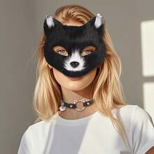 4 Pcs Faux Fur Therian Mask And Tail Set For Women Halloween Furry Cat Ears Fox Mask Paw Tail Choker Cos Accessories,24196891 - 黑色 - 查看 2