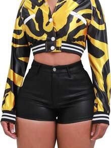 Shorts de verano de unicolor de piel sintética metálica PU con bolsillo sexy para mujer, color negro - Negro - Ver 6