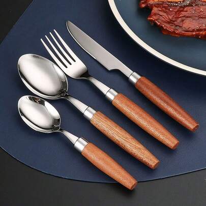 2/4/12 piezas Conjunto de cubertería de acero inoxidable 304 con mango de madera Sabili, estilo japonés/coreano con mango de madera redondo, agarre cómodo, duradero, incluye cuchillo de mesa, cuchara principal, tenedor de mesa, cuchara de postre 4 piezas principales, adecuado para uso diario en el hogar, comedor de hotel, reuniones festivas, fiestas de cumpleaños