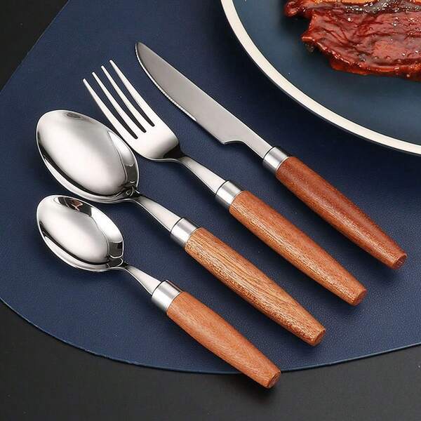 2/4/12 piezas Conjunto de cubertería de acero inoxidable 304 con mango de madera Sabili, estilo japonés/coreano con mango de madera redondo, agarre cómodo, duradero, incluye cuchillo de mesa, cuchara principal, tenedor de mesa, cuchara de postre 4 piezas principales, adecuado para uso diario en el hogar, comedor de hotel, reuniones festivas, fiestas de cumpleaños