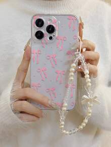 1pc Rhinestone Butterfly Decor Thick Shockproof Painted Phone Case With Handmade Beaded Bracelet, Compatible With IPhone 17, Galaxy, Redmi
