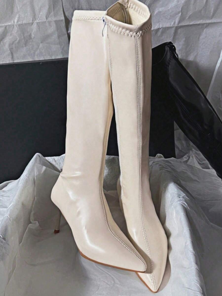 Square Toe Thick Heel Side Zipper Super High Heel Suede Minimalist Style Knee-High Boots For Women