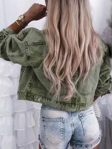 标准尺寸女式刺绣串珠宽松长袖无弹力彩色牛仔夹克