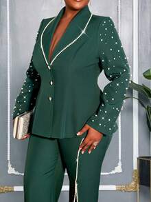 AOMEI Plus Size Women Green Solid Color Lapel Collar Long Sleeve Set : Beaded Shoulder Long SleeveJacket And Beaded Side Pants,Elegant For Party, Daily Wear, Fall/Winter,Suit