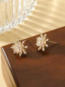 2pcs Super Shiny Fully Rhinestone Gold Sunflower & Snowflake Stud Earrings, Suitable For Women's Wedding, Engagement, Party Wear And Holiday Gifts