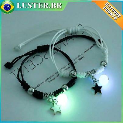 2 Pulseiras Ajustável de Imitação de Pedra Olho de Gato Estrela em Formato e Contas Luminosas Casais