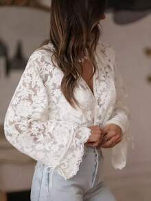 Delicate Lace Crochet Hollow Out Blouse - White - View 4