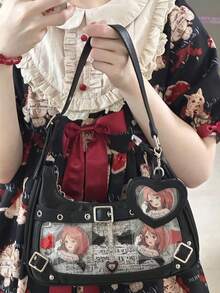 1pc甜美酷女孩风格月牙腋下包，链条和心形设计，抽绳蝴蝶结，精致百搭小容量单肩包，时尚高端甜美女士钱包，皮带扣装饰优雅手提包，双面超级实用，透明窗口装饰，DIY包包，适合通勤，参加漫画展，展示动漫周边，购物，派对等。 - 彩色 - 查看 8