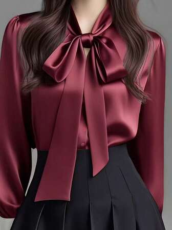 Women's Elegant Satin White Long Sleeve Casual Shirt, Versatile Commuter Blouse With Bow Collar Detail - Solid Color Suitable For All Seasons, Machine Washable Non-Sheer, Soft & Breathable Fabric, Refined Satin Texture, Solid Color Tie For Office & Daily Wear