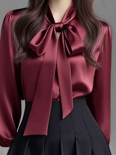 Elegant vit långärmad skjorta i satin för kvinnor, mångsidig pendlarblus med rosettkrage - Enfärgad, lämplig för alla årstider, maskintvättbar, icke-transparent, mjukt och andningsbart tyg, raffinerad satinstruktur, enfärgad slips för kontor och vardagsbruk