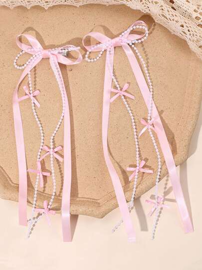 2pcs Pink Tassel Hair Clips, Solid Color Ribbon Tassel Crocodile Clips, Pearl Tassel Bow Hair Clips, Elegant Pearl Tassel Bow Hair Pins, Bow Hair Clips For Wedding Party, Teens Hair Accessories