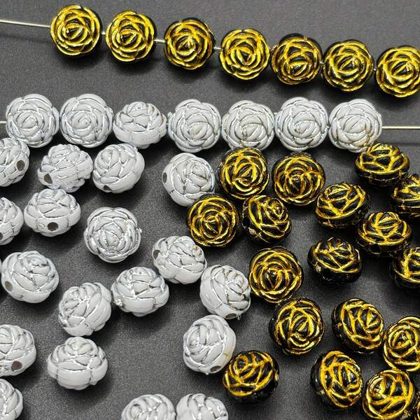 50/100pcs 11mm Acrylic Vintage Rose Beads, Gold/Silver Color Loose Spacer Beads, For Jewelry Making DIY Bracelets Necklaces Phone Chains Crafts Supplies