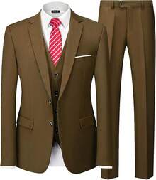 Men's 3 Piece Suit Set With Tie, 2 Button Vest & Pants, Business Wedding Party Prom Suit - 卡其色 - 查看 5