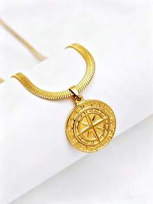 1 件 18K 镀金不锈钢维京指南针吊坠项链，金属硬币徽章时尚男女通用嘻哈刀片链配饰 - 彩色 - 查看 1