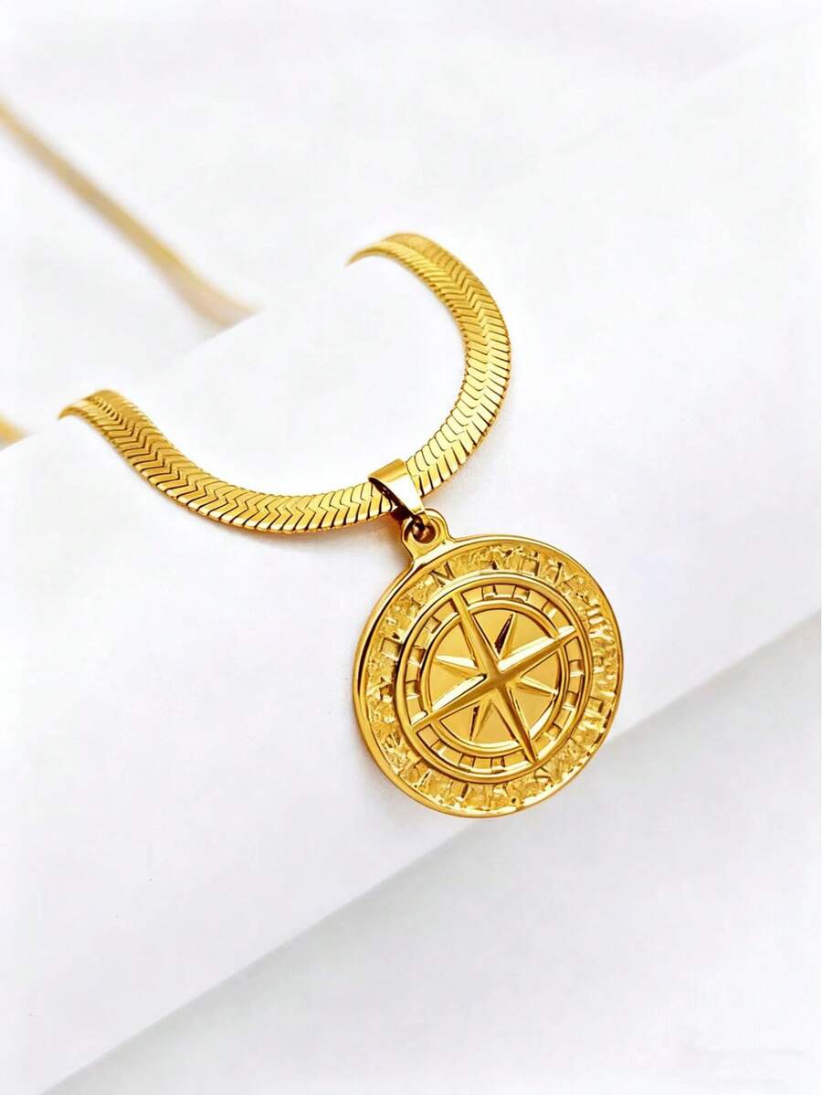 1 件 18K 镀金不锈钢维京指南针吊坠项链，金属硬币徽章时尚男女通用嘻哈刀片链配饰 - 彩色 - 查看 1