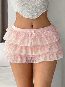 Women Y2k Lace Layered Mini Skirt Low Rise Ruffle Short Tiered Skirt Cute Aline Multi Layer Cake Skirts - 粉色 - 查看 1