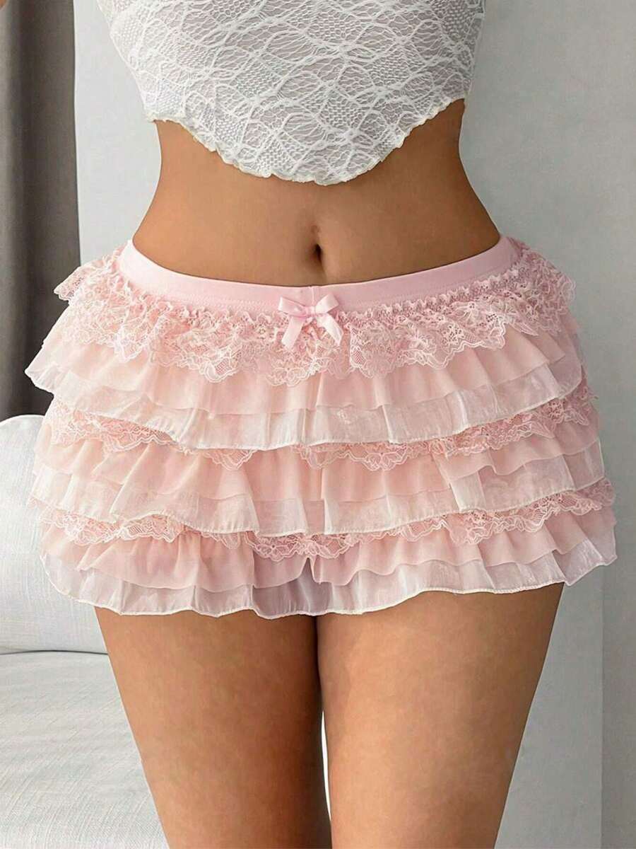 Women Y2k Lace Layered Mini Skirt Low Rise Ruffle Short Tiered Skirt Cute Aline Multi Layer Cake Skirts - 粉色 - 查看 1