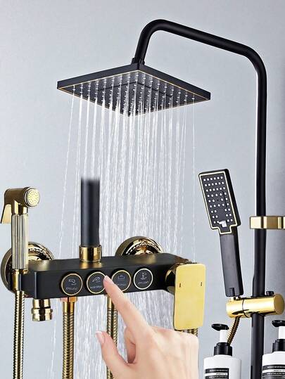 Shower Systems With 8-Inch Rain Shower Head And Handheld Sprayer, Black Gold Exposed Shower System, 4 Functions Tub Shower Faucet Sets, Rain Shower Head With Handheld Spray, Complete Shower System Kit With Brass Valve (Some Parts And Packaging May Vary) Bathroom Bathroom Accessories Bathroom Tools