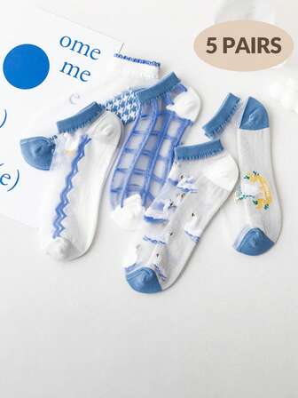 5 Pairs Women's Thin Breathable Crystal Glass Silk Socks, Cartoon Transparent Colorful Ankle Socks, Korean Style