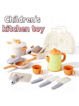 儿童玩耍厨房玩具配件，稻草材质逼真烹饪玩具，适合幼儿，含锅和压力锅套装，炊具锅铲汤匙，下午茶玩具套装，适合3-6岁男孩和女孩，益智玩具礼物（颜色随机）