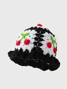 1 件女士手工钩针樱桃针织渔夫帽，温暖且适合秋冬季日常穿着 - F - 查看 7