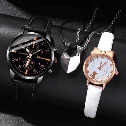 4件时尚精致礼品，礼品套装简约圆形石英表，圆形男女情侣标志带心形吊坠情侣项链套装