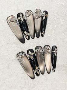 10片装奢华闪亮黑金猫眼美甲贴纸，可重复使用手工美甲贴片，适合约会、派对、音乐会、送礼等场合，美甲用品，手工按压式美甲贴片 - 黑色 - 查看 12