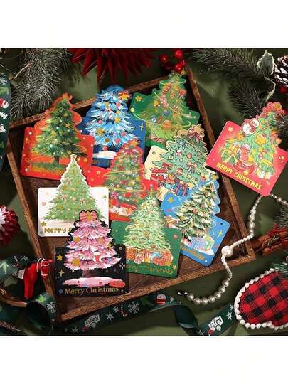 10 sztuk foliowych kartek okolicznościowych z motywem choinki, kartki świąteczne, różne wzory choinek, ozdoby świąteczne, odpowiednie na Boże Narodzenie, Nowy Rok, imprezy i przyjęcia