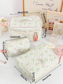 Lily Of The Valley Print Makeup Bag Foam Quilted Cosmetics Storage Bag Fresh Green Flower Pattern Toiletry Bag Large Capacity Cosmetics Storage Bag Set Portable Handheld Travel Makeup Pouch Pink Bow Decor Skincare Storage Bag Girlish Makeup Clutch Bag - Green - View 11