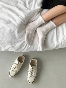 1 Pair Solid Crew Socks Women's Summer Thin Medium Socks Solid Color Black And White Long Tube Lace Stacked Socks Sweet Girl Student Socks