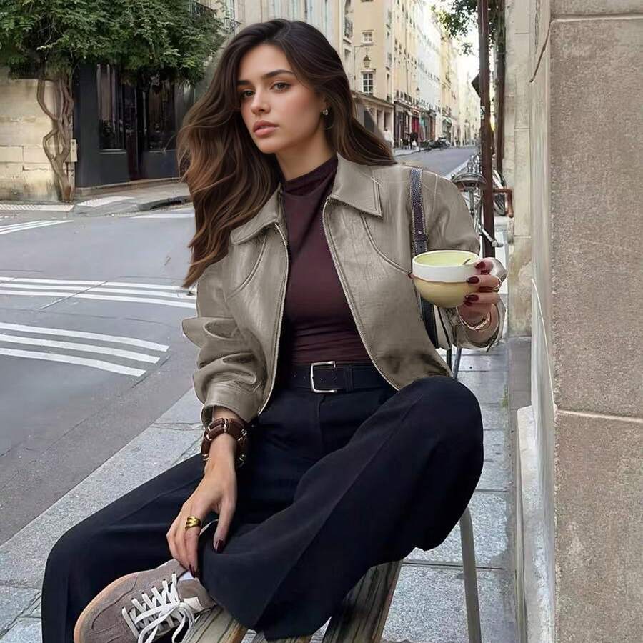 Manny Style 美式復古極簡酷感翻領拉鍊酒紅色短版夾克外套女款 - 暖米灰 - 查看 1