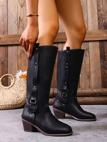 Women's Winter Over-The-Knee Boots, Black Boots, Brown Boots, Round Toe Chunky High Heel Tall Boots, High Heel Boots, Back Zipper Design Knee-High Boots - Black - View 1
