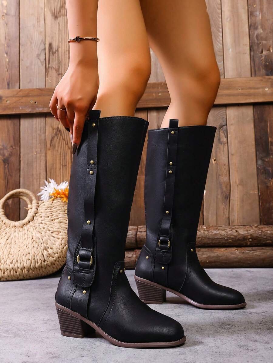 Women's Winter Over-The-Knee Boots, Black Boots, Brown Boots, Round Toe Chunky High Heel Tall Boots, High Heel Boots, Back Zipper Design Knee-High Boots - Black - View 1