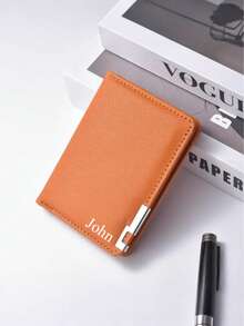 1pc Customized Men's Short Wallet, Can Be Customized With Name/Text/Short Leather Wallet With Metal Edge, Cross-Grain Men's Multi-Card Wallet, Personalized Men's Wallet, PU Minimalist Multi-Slot Wallet, Customized Men's Wallet, PU Faux Leather Wallet, Made Of PU Material, Hot Stamping Craft, Personalized Gift, Personalized Gift For Brother, Father, Boyfriend, Suitable For Anniversary, Gift For Men - 彩色 - 查看 5