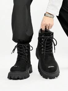 SLnU3 3pcs Men's Fashion High-Quality Casual Thick-Sole Elevated Boots, Dopamine Color, Minimalist Design, Punk Hip-Hop British Street Style, Versatile For All Seasons - Black - View 3