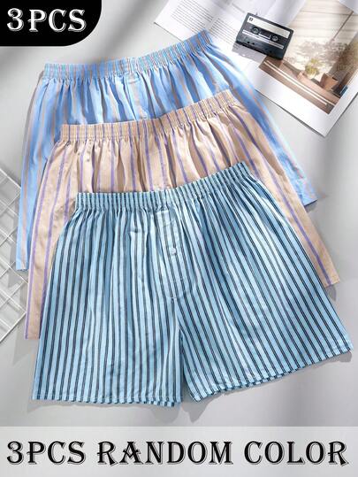 3 pezzi Boxer classici da uomo a quadri e righe, pantaloncini casual, colori assortiti