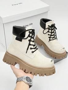 SLnU3 3pcs Men's Fashion High-Quality Casual Thick-Sole Elevated Boots, Dopamine Color, Minimalist Design, Punk Hip-Hop British Street Style, Versatile For All Seasons - White - View 13