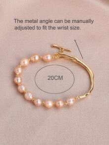 1 Pc 18K Gold Plated Natural Pearl Casual Bracelet For Women, Suitable For Daily Wear, Mother's Day, Valentine's Day, Wedding, Birthday Gift - Pink - View 5