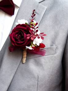 1 buc/6 buc flori artificiale Burgundy Rose mire butonieră bărbat frate corsaj absolvent Pin costum nuntă flori petrecere decorare Ziua Îndrăgostiților accesorii - Burgundia - Vizualizare 6