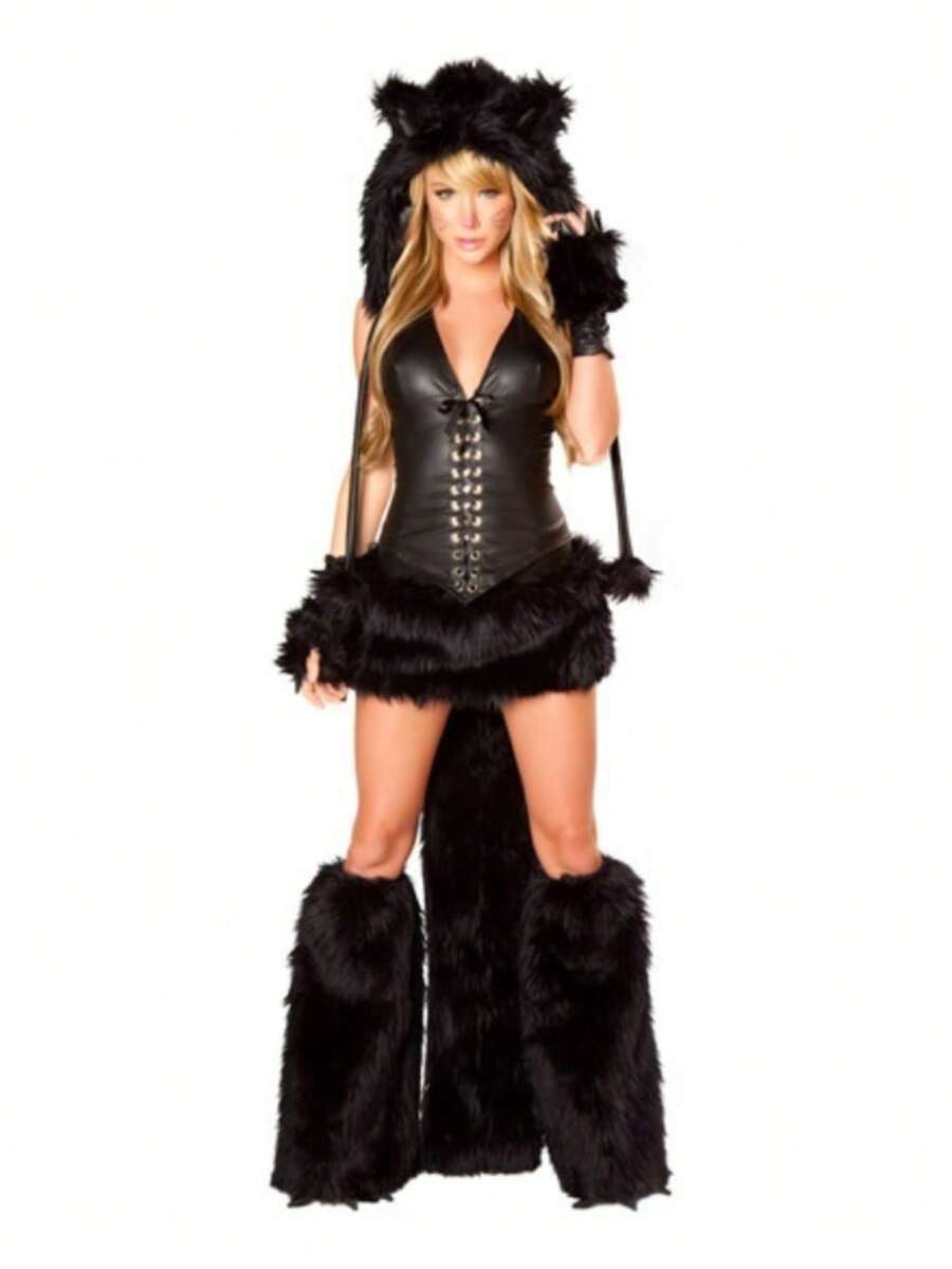 Cosplay Halloween Party Costume Featuring Leopard Print And A Long Tail Wolf Outfit, Resembling The Character Catwoman's Uniform. - 80365 (đen) - Xem 1