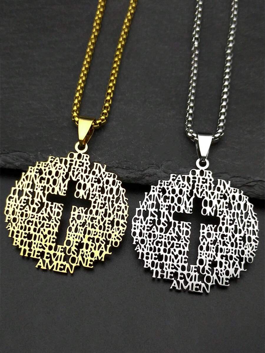 镂空基督教圣经耶稣十字架项链，不锈钢吊坠项链，男女通用，宗教主祷文饰品 - 項鍊 - 查看 1