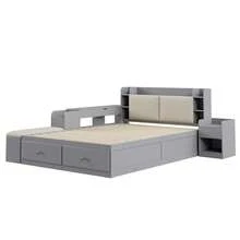 Solid Wood Combo Bed 140*200cm, Headboard With Built-In Storage Compartment, With Drawers, With Bedside Table, With Storage Cupboard, With Sofa Bench, Storage Bed Double Bed Storage Bed Tatami Bed, Grey