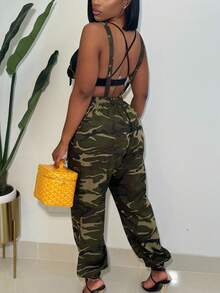 Chicsale Women's Camouflage Jumpsuit Cargo Romper With Adjustable Straps, Utility Tapered Leg Overall Jumpsuit With Pockets, Casual Sleeveless Jumpsuit - Army Green - View 3