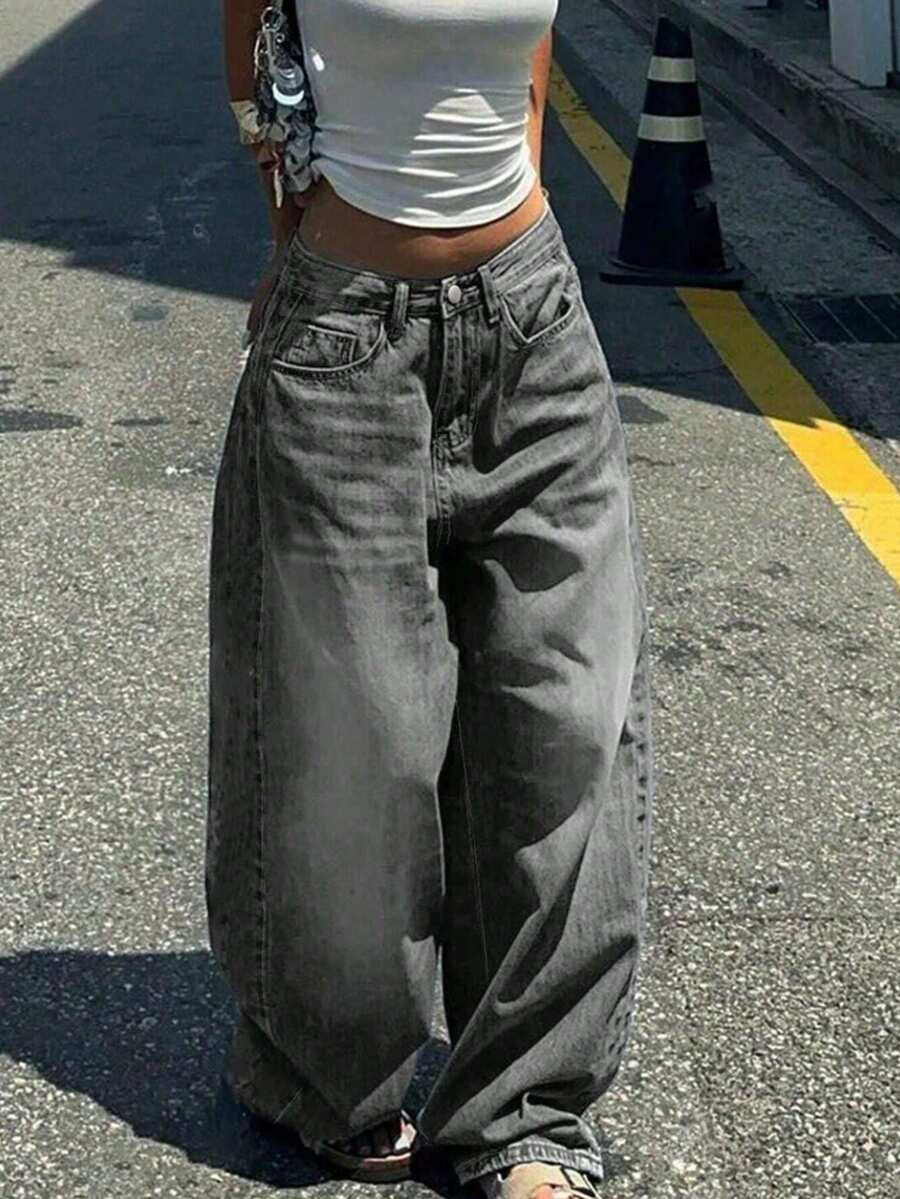 Teen Girls' Casual Everyday Commute Loose Fit Wide Leg Plain Denim Jeans