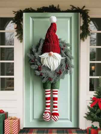 1pc Christmas Gnome Wreath, A Christmas-Style Door Hanger With Wreath And Gnome Details, Knitted Hat And Striped Stockings. Perfect For Christmas, Home, Office And Door Decorations And Holiday Highlights, Christmas Decorations, New Year Decorations And Halloween Decorations.