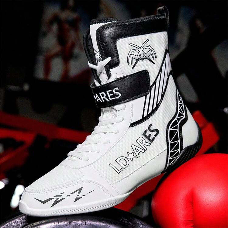 Men's Professional Wrestling Shoes, High-Top Competition Training Shoes, Wrestling Shoes & Fitness Boots, Colorful Patchwork Sports Shoes, Synthetic Leather & Mesh Material, Indoor Fitness Non-Slip Boxing Training Shoes, Suitable For All Seasons, Size: 39-48 - White - View 18
