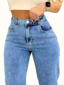 Women's Pocket Straight Loose Casual Versatile Jeans - Rửa trung bình - Xem 4