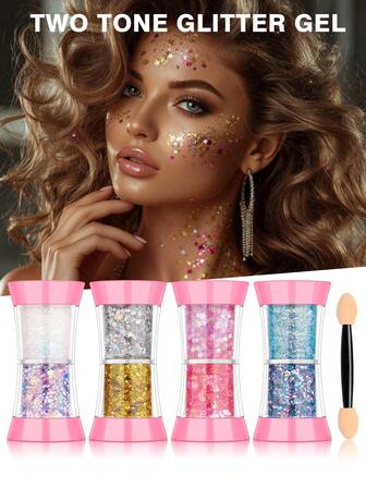 2 件闪光粉亮片凝胶套装、身体闪光闪亮闪光面部化妆贴纸、美人鱼闪光全息闪光片，无需胶水持久带刷工具、激光金银彩色彩虹紫透明极光粉色魅力妆容、蓝色海洋主题发胶，适合女性女孩节日表演歌手婚礼俱乐部派对闪亮装饰配件和礼物