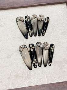 10片装奢华闪亮黑金猫眼美甲贴纸，可重复使用手工美甲贴片，适合约会、派对、音乐会、送礼等场合，美甲用品，手工按压式美甲贴片 - 黑色 - 查看 5